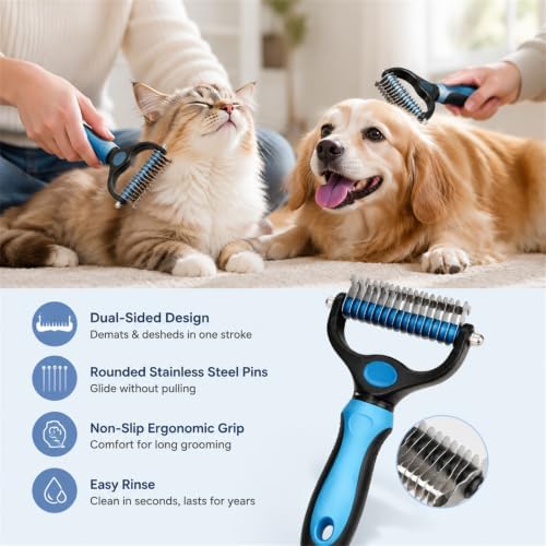 Pet Pro 2-in-1 Double-Sided Pet Grooming Tool, Rounded-Tooth Deshedding & Dematting Brush, Painlessly Remove Tangles, Knots & Loose Fur for Dogs & Cats (Pink) - Image 3
