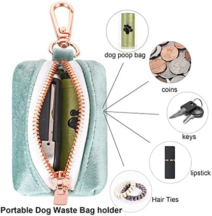 ARING PET Dog Waste Bag Dispenser, Velvet Green Doggy Poop Bags Holders Attach to Any Leashes, Portable Washable Pet Waste Pouch Dispenser with Metal Zipper - Image 2
