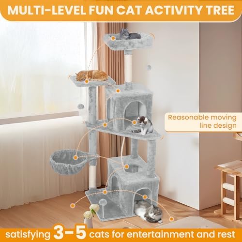 Cat Tree, 54-Inch Cat Tower for Indoor Cats,Plush Multi-Level Cat Condo with Scratching Posts, Basket, Perches, Caves, Pompoms(Light Gray) - Image 3