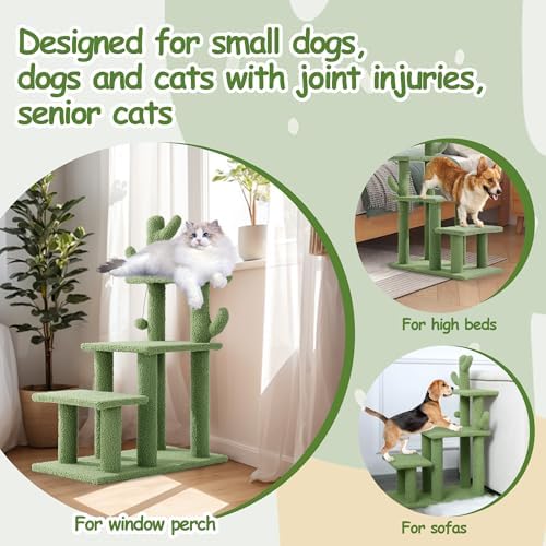 HOMBYS Cautus Cat Stairs for Old Cats & Dogs, Pet Steps for High Beds, Couch & Window,Vertical Cautus Green Cat Tree with Dangling Balls for Indoor Pets Climbing Playing, Holds Up to 150 Lbs, - Image 6