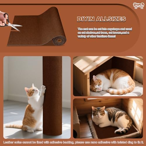Cat Scratch Mat, Self-Adhesive Trimmable cat Scratch Furniture Protector for Couch, cat Scratch pad，cat Tree，DIY Climbing Carpet for Cat Tower Replacement Pads (Brown, 39.4" x 15.8") - Image 3