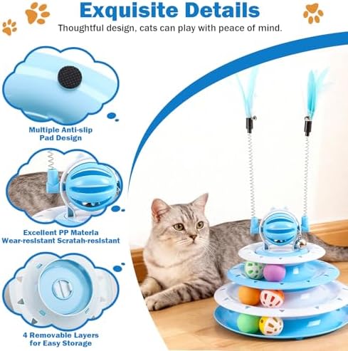 Cat Turntable Toy Ball - Interactive Kitten Toys & Toys for Indoor Cats with 6 Colorful Balls & 2 Cat Teaser Wands, Fun Mental & Physical Exercise Puzzle Plaything for Kitty Kitten to Play (Blue) - Image 3