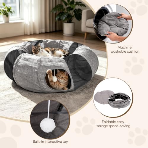 Ownpets 2 in 1 Collapsible Cat Tunnel for Indoor Cats with Cushion Bed - Image 6