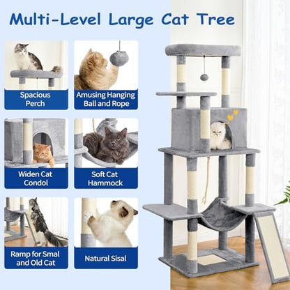 Cat Craft Cat Tree 63 Inch Cat Tower for Indoor Cats, Multi-Level Cat Tree for Large Cats 20 lbs+ Heavy Duty Cat Tower with Sisal Scratching Posts, Hammock, Condo and Extended Platform, Light Grey - Image 2