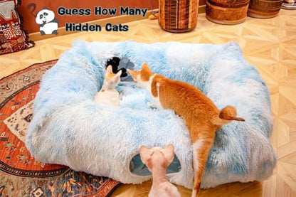 XxingSheep 4 Cave Shuttled XL Cat Tunnel Bed for Indoor Cats Peekaboo Toy Donut with Warm Mat, Azure Blue - Image 2