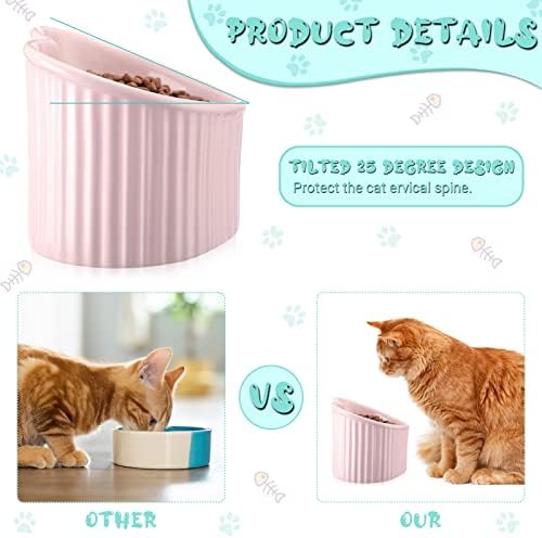 Mumufy 2 Pcs Ceramic Elevated Cat Bowls Tilted Elevated Raised Pet Bowls Anti Vomit Cat Dish for Indoor Stress Free Water Dish Feeder for Puppies, Heart Shaped(Macaron Blue, Pink) - Image 3
