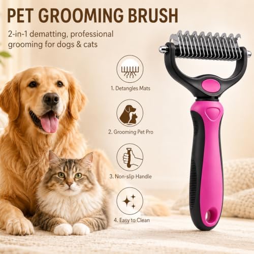 Dematting Comb for Dogs and Cats, Pet Grooming Rake, Double Sided Deshedding Brush for Dogs & Cats, Deshedding Dog Brush Removes Tangles Knots and Loose Fur for Long Haired Pets (Blue+pink) - Image 2