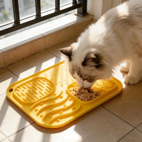 Lick Mat for Cat & Puppy, Premium Silicone Slow‑Feeder Bowl, BPA‑Free, Food‑Grade, Suction‑Cup Design for Dry & Wet Food – Anxiety & Boredom Relief, Dishwasher & Freezer Safe, Yellow - Image 6