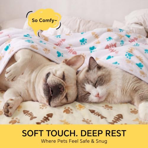 Luciphia 1 Pack 3 Blankets, Cute Cat Printed Fluffy Fleece Pet Blanket for Dogs Cats Washable, Warm Soft Throw Cover for Crate Couch, Gifts Puppy Essentials, White/Grey/Khaki, Large (41x31 inch) - Image 2