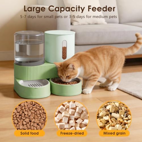 2 in 1 Automatic Gravity Cat Dog Feeder and Water Dispenser with 304 Stainless Steel Bowls, 360 Degree Rotatable Auto Food with 2 Specialized Brushes for Small Medium Pet Dog Puppy Kitten (Green) - Image 6