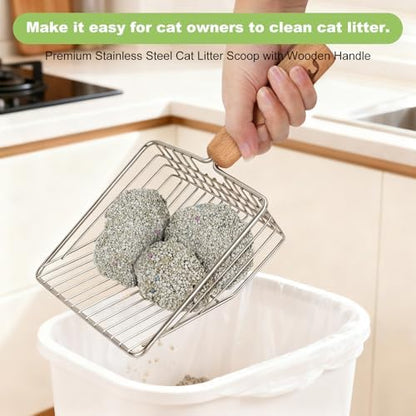 XBX Cat Litter Scoop with Holder, Sturdy Stainless Steel Litter Scooper, Wide Gap Litter Shovel with Beech Wood Handle for Easy Daily Litter Box Cleaning - Image 2