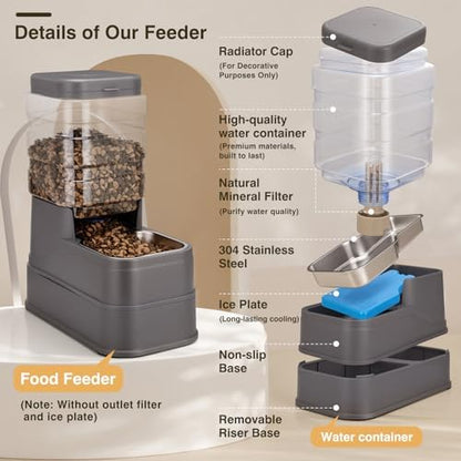 2 Pack Automatic Cat Feeder and Water Dispenser 1.3 Gallon Dog Gravity Food Feeder and Water with Ice Pack Stainless Steel Dry Food and Water Bowl for Small Medium Large Pets (Grey) - Image 3