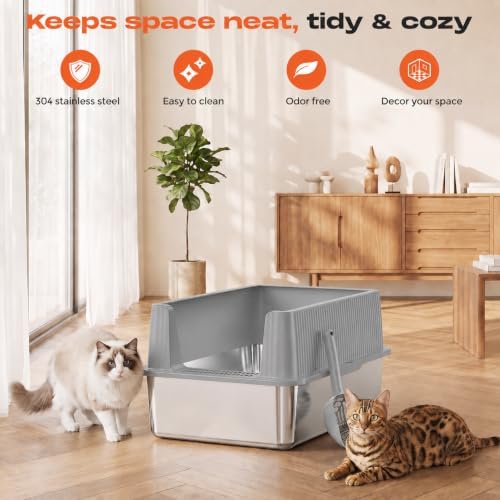 Suitfeel XL Stainless Steel Cat Litter Box with Lid and Scoop,Light Gray - Image 7