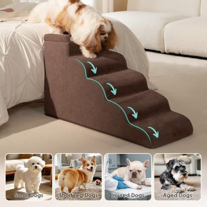 EHEYCIGA 5-Step Curved Dog Stairs for High Beds 20.7" H, Brown - Image 2