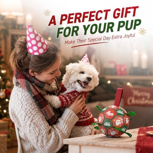 QDAN Christmas Dog Balls with Straps, Soccer Ball for Dogs for Small Medium Pet, Interactive Rope Toys, Puppy Birthday Gifts (6 Inch) - Image 2