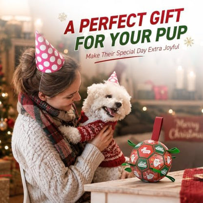 QDAN Christmas Dog Balls with Straps, Soccer Ball for Dogs for Small Medium Pet, Interactive Rope Toys, Puppy Birthday Gifts (6 Inch) - Image 2