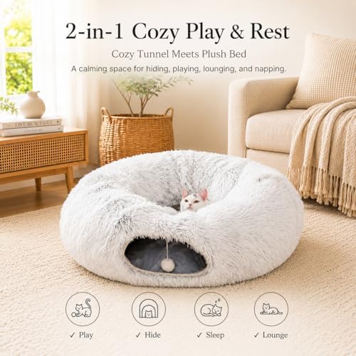 Warm Fluffy Plush Cat Dog Tunnel Bed Under Christmas Tree Big Tube Playground Toys 3 FT Diameter Longer Crinkle Collapsible 3 Way, for Indoor Cat Kitty Kitten Puppy Rabbit Ferret White - Image 2