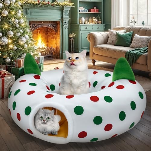 Cat Tunnel Christmas Tree Skirt, 3ft x 3ft x 9.8in Cat Tunnels for Indoor Cats, Red and Green Dot Cat Donut Tunnel with Hanging Ball and Cat Ears, Kitten Toys for Indoor Kittens Puppy Rabbit - Image 6