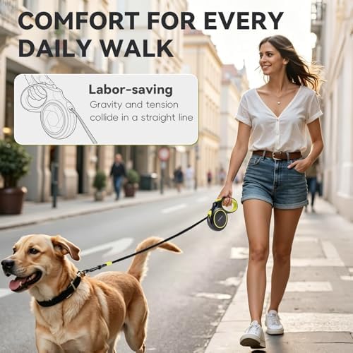 96.85ft Automatic Retractable Dog Leash, Flexi Leash Heavy Duty Anti-Tangle Reflective Nylon Tape, One-Click Brake Lock, Ergonomic Handle, 360° Swivel Hook for Medium to Large Dogs - Image 7