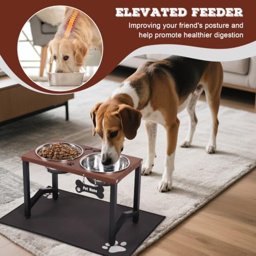 Elevated Dog Bowls, Metal Raised Dog Bowl Stand with 2 Thick 58oz Stainless Steel Food Bowls & Non-Slip Mat - 11.8" Tall for Medium/Large Breeds(Brown) - Image 2