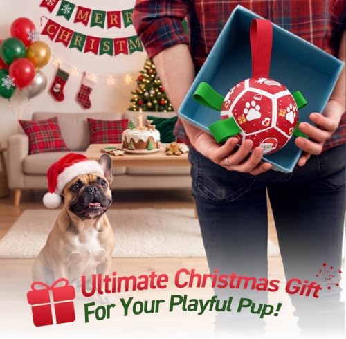 QDAN Small Christmas Dog Toys, Soccer Ball with Straps, Outdoor Interactive Toys for Tug of War, Puppy Birthday Gifts, Water Toy, Durable Dog Balls for Puppy (5 Inch) - Image 2