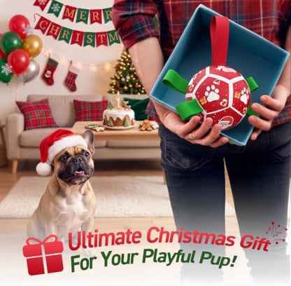 QDAN Small Christmas Dog Toys, Soccer Ball with Straps, Outdoor Interactive Toys for Tug of War, Puppy Birthday Gifts, Water Toy, Durable Dog Balls for Puppy (5 Inch) - Image 2