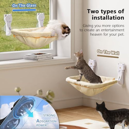 JUNSPOW Cat Window Perch Cordless, Foldable & Stable Cat Beds- Breathable Cat Window Hammock for Overlooking, Sunbathing and Climbing - Maximum Hold Up to 40lb(Cream) - Image 3