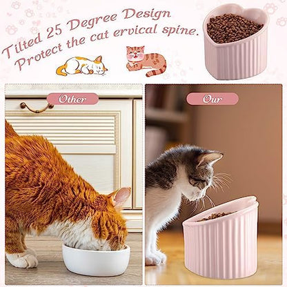 Mumufy 2 Pcs Ceramic Elevated Cat Bowls Tilted Elevated Raised Pet Bowls Anti Vomit Cat Dish for Indoor Stress Free Water Dish Feeder for Puppies, Heart Shaped(Pink) - Image 3