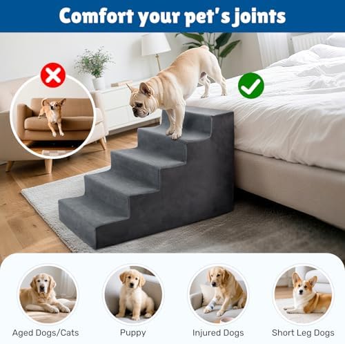 Dog Steps for High Bed, 23" H Dog Stairs for Small Dogs, 5-Tier Pet Stairs with Washable Cover, Non-Slip Pet Steps for Dogs to Get On Bed - Image 6