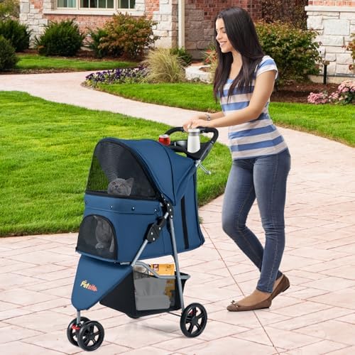 3 Wheels Dog Stroller, Foldable Pet Stroller for Small/Medium Dogs Cats, Cat Carrier with Storage Basket and Cup Holder, Pet Car Seat with Soft Pad (Navy Blue) - Image 2