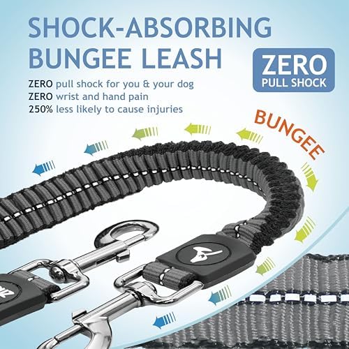 Kruz Double Dog Leash for Two Dogs (Width - 1”, Length 20”-42”) Dual Leash Coupler with Tangle-Free Swivel, Shock-Absorbing Reflective Bungee for Comfortable Walking & Training (Grey, Large) - Image 3