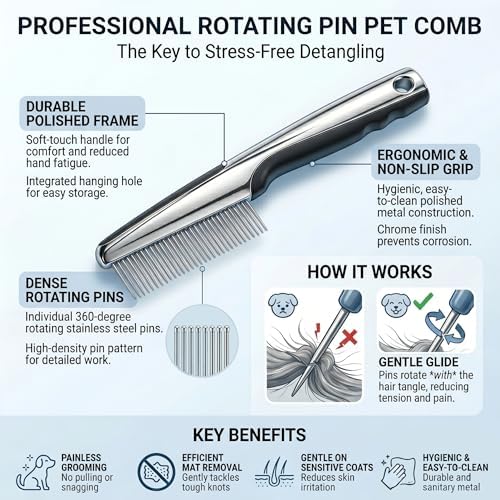 Resco Pet Products Rotating Tooth Comb - Professional Detangling & Dematting Grooming Comb for Dogs and Cats, Prevents Hair Pulling - Image 3