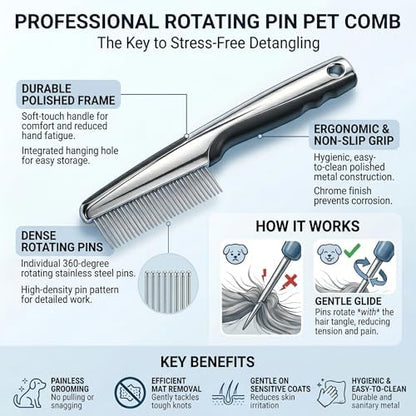 Resco Pet Products Rotating Tooth Comb - Professional Detangling & Dematting Grooming Comb for Dogs and Cats, Prevents Hair Pulling - Image 3