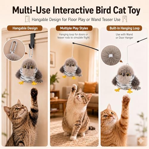 Flapping Bird Cat Toy, Cuckoo Plush Touch Activated Bird Chirp Cat Toy with Refillable Catnip, USB Rechargeable Interactive Kitten Exercise Toy,4.92"(No Flying) - Image 4