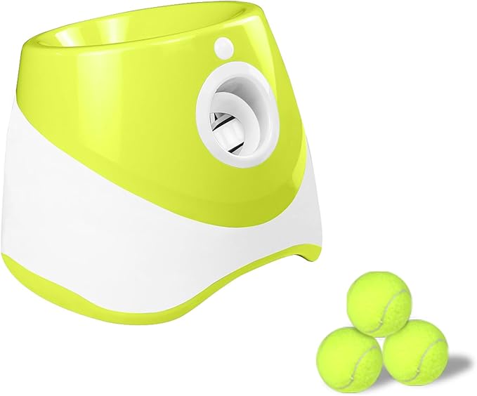 ZJchao Automatic Dog Ball Thrower, Dog Ball Launcher, with 3 Balls with 3 Distance Settings Interactive Tennis Balls Launcher for Dogs Pet Indoors Outdoors Playing (Fluorescent Green)