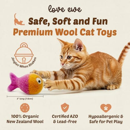 Love Ewe Wool Cat Toys 3 Pack, 3in Fish with Bell & 2in Ball - Image 2