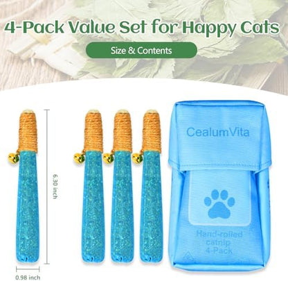 4 Pack Hand-Rolled Catnip Sticks with Chew Rope & Bell -Shaped Cat Toys for Indoor Cats and Kicker Toys, Teething Chew and Play Fun (Blue) - Image 3