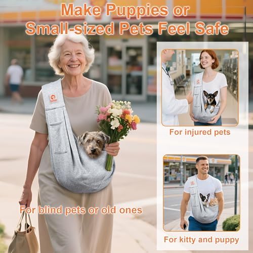 Tomkas Small Dog Cat Sling Carrier Puppy Purse Travel Wrap Soft Crossbody Pet Bag (Gray, M - Classic Pocket & Classic Strap) - Image 3