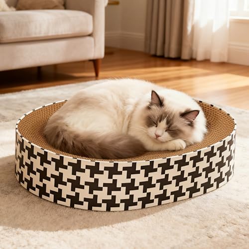 2-in-1 Cat Scratcher Cardboard Bed, Round Cat Scratching Pad Bowl for Indoor Cats, Durable Corrugated Circle Cat Scratcher Lounge, Cozy Oval Cat Scratch Bed Furniture for Kittens & Medium Size Cats - Image 2