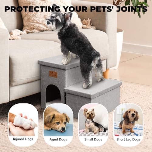 Zerbuger Dog Stairs with Storage, Grey 2 Steps Dog Ramp with Condo for Bed - Image 4