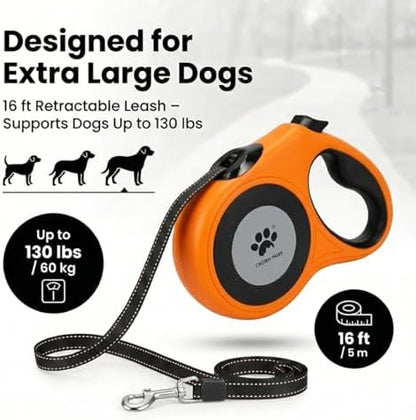 16 ft Retractable Dog Leash for Extra Large Dogs up to 130 lbs,Tangle-Free Nylon Tape,Orange Dan24 XL - Image 3
