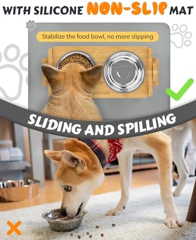 Jovrun Elevated Dog Bowls, Adjustable Raised Dog Bowl Stand for Small Size Dogs and Cats, Durable Bamboo Dogs Feeder with 2 Stainless Steel Bowls and Non-Slip Feet, Pet Food Bowl with Mat - Image 2