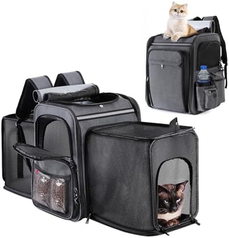 Cat Backpack Carrier,Double Side Expandable Cat Carrier Backpack,Dog Carrier Backpack for Medium Cats and Small Dogs,Puppies Up to 20 Lbs,Pets Carrier Backpack with Breathable Mesh(Grey) by GROXKOX