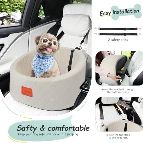 Lealchum Dog Car Seat for Small Dogs Up to 30 Lbs,Ultra Soft Fabric Fill in Comfy Memory Foam,Happy Pet Ride,2 Safety Dog Leashes,Fully Detachable and Washable,Anti Slip Base(Beige) - Image 4
