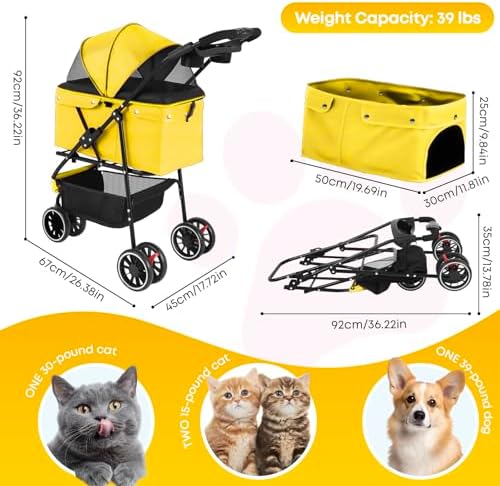 Pet Stroller,Dog Stroller for Small Medium Dogs Cats,3 Wheels,Yellow - Image 2