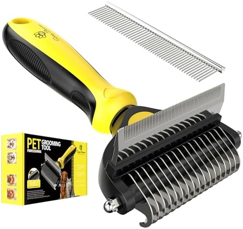 Spring Blossoms-2 in 1 Professional Grooming Rake for Cats & Dogs-Dematting Comb for Easy Mats & Tangles Removing,Pet Brush Safe No More Nasty Shedding and Flying Hair (Lemon Yellow) by SPRINGBLOSSOMS