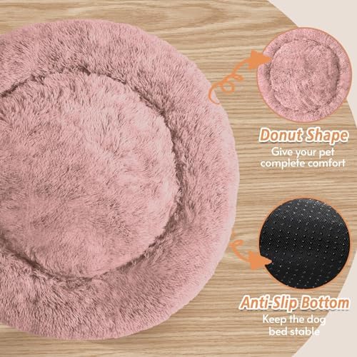 JOLLYVOGUE Calming Dog Bed for Small Dogs - 23 inches Donut Washable Small Dog Bed for Kittens & Puppies, Anti-Slip Round Fluffy Plush Faux Fur Cat Beds (Fits up to 25 lbs Pets, Dark Pink) - Image 3