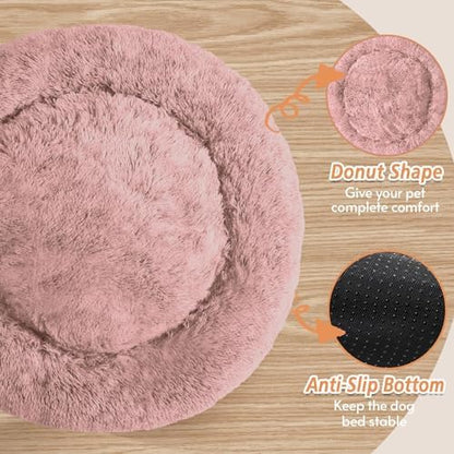 JOLLYVOGUE Calming Dog Bed for Small Dogs - 23 inches Donut Washable Small Dog Bed for Kittens & Puppies, Anti-Slip Round Fluffy Plush Faux Fur Cat Beds (Fits up to 25 lbs Pets, Dark Pink) - Image 3