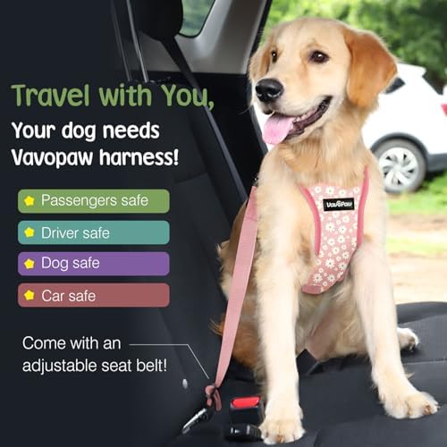 VavoPaw Dog Seat Belt, Safety Vest Dog Car Harness with Adjustable Buckle Dog Seat Belt for Vehicle Nylon Pet Safety Seat Belts Heavy Duty(M, Pink Daisy) - Image 4