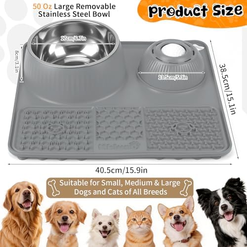 Slow Feeder Dog Bowl with Lick Mat & Interactive Rolling Ball, Stainless Steel Pet Feeding Station with Non-Slip Stable Grip Base for Wet Food, Dry Kibble (Light Gray) - Image 2